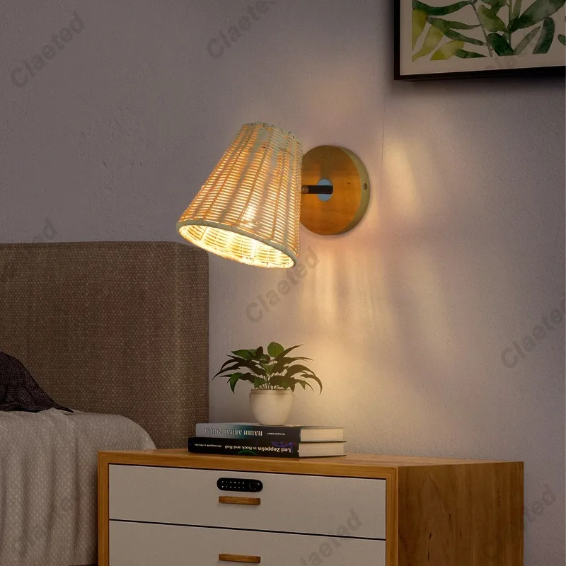 Lampada da parete decorativa E27 intrecciata in Rattan fatta a mano lampada da comodino per camera da letto soggiorno sala da pranzo apparecchio di