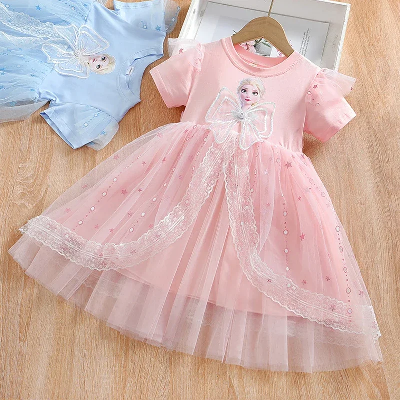 Vestido de princesa de manga corta para niñas, ropa de Disney, Frozen, disfraz de fiesta de cumpleaños para niños de 2 a 9 años, novedad de verano