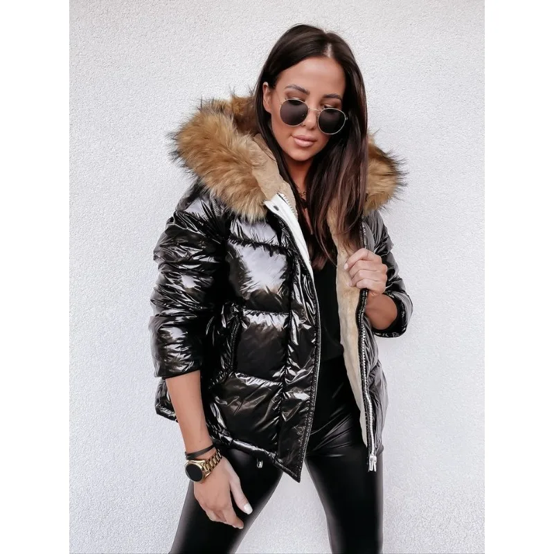 Women Solid Shiny PU Jackets 2023 Winter Fashion Big Fur Collar Hooded Down Cotton Coats Ladies Casual Thick Warm Zipper Parkas