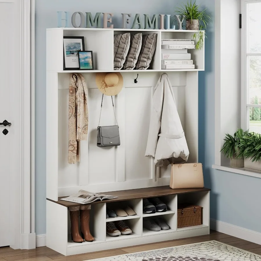 Hall Tree with Bench and Storage Farmhouse 75 H Tall Hall Tree Wood Entryway Shoe Bench with Coat Rack and Storage Shelves for