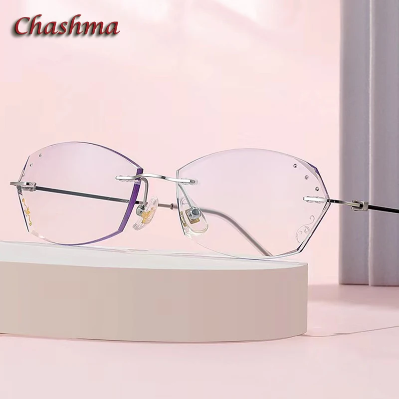 Chashma Women Luxury Glasses Frame Glitter Edge Rhinestone Optical Eyewear Rimless Light Spectacles Female Glass with Stones