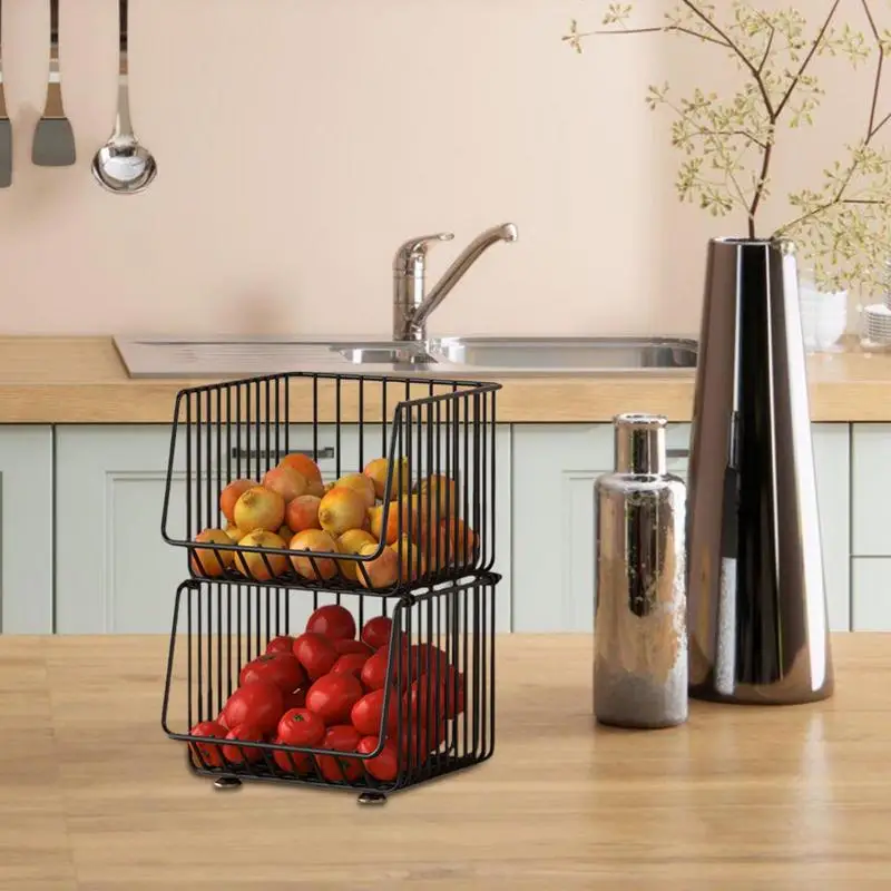 Stackable Wire Baskets Fruit Vegetable Basket Kitchen Organization and Storage Metal removable storage rack for Pantry Bathroom