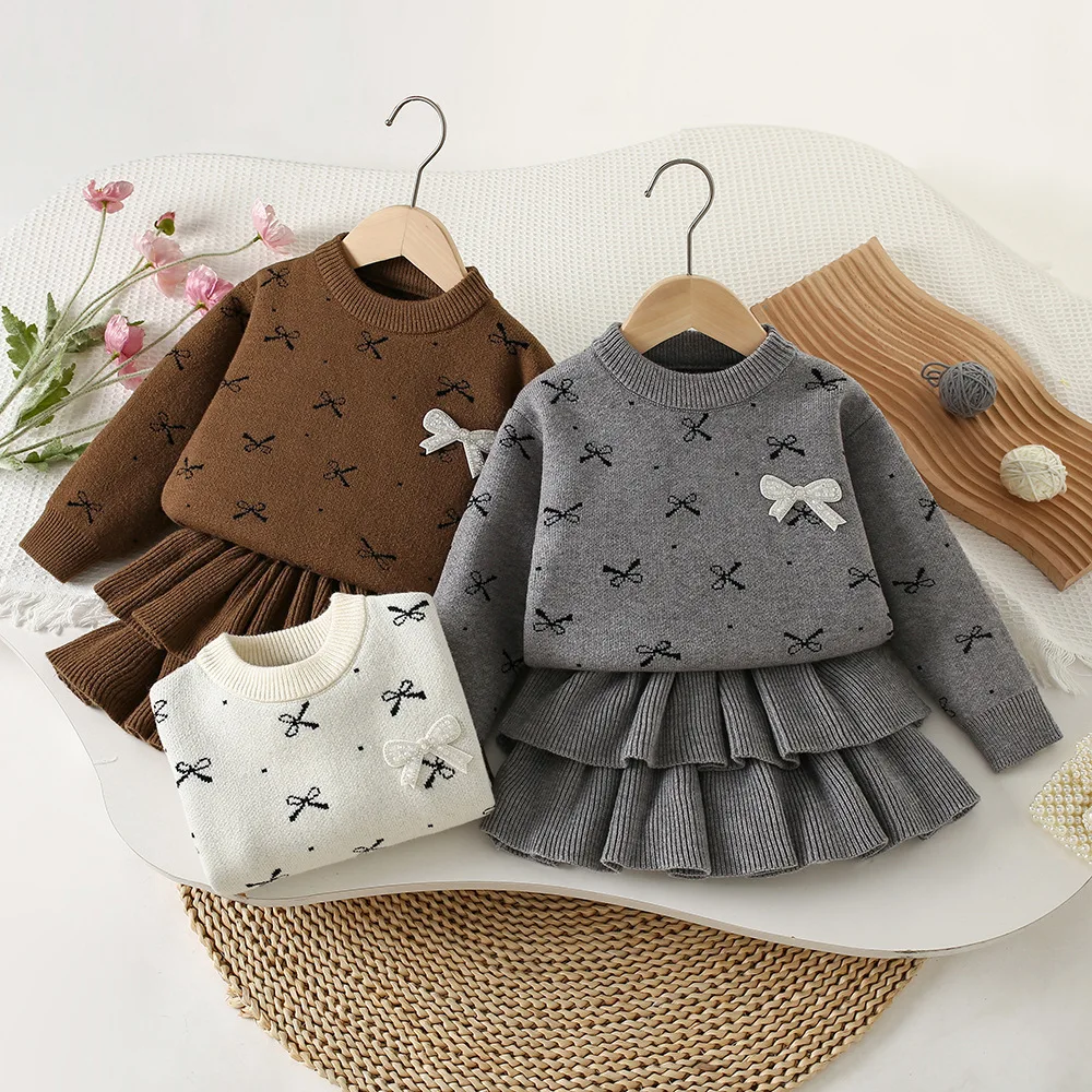 

Girls' Bow Sweater Suit 2025 Autumn New Korean Children's Knitted Sweater+Cake Skirt Princess Two-piece Suit