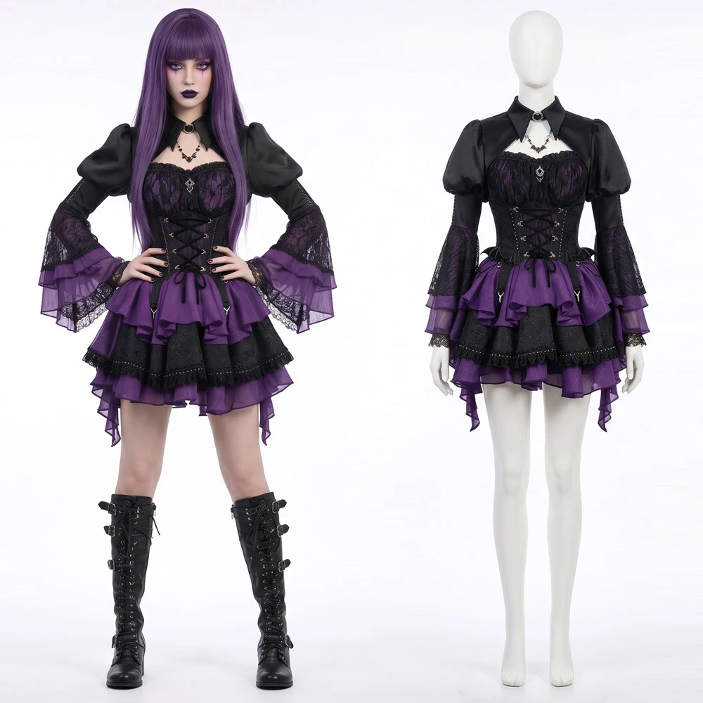 Halloween Vampir Cosplay Kostüm Damen Top Rock Set Gothic Lolita Totenkopf Kleidung Schuluniform Karneval Outfit