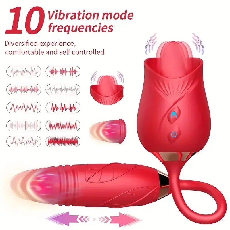 Double Head Telescopic Rose Vibrator For Women 2-In-1 Vagina G-Spot Tongue Licking Nipple Clitoris Stimulator Massager Sex Toys