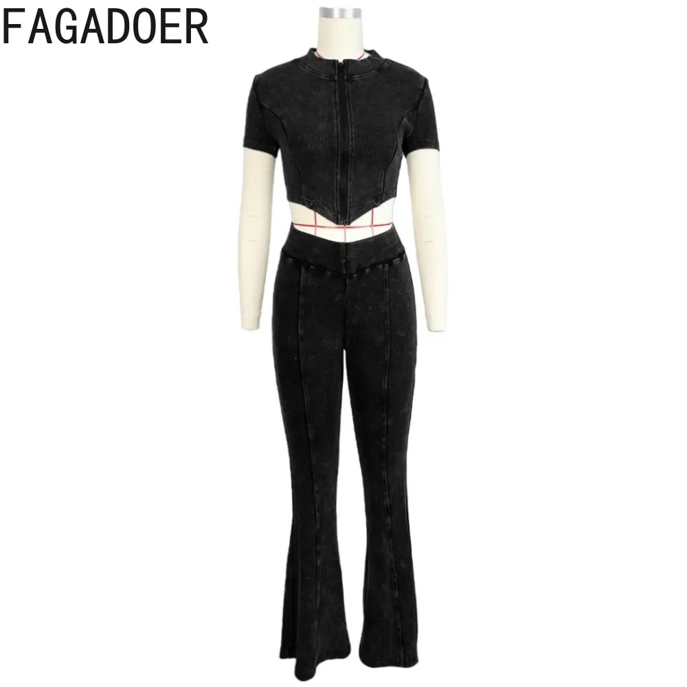 FAGADOER Quality Rib Bodycon 2 Piece Sets Outfit Women Short Sleeve Zip Crop Top and Flare Pants Suits Sport Streetswear Autumn