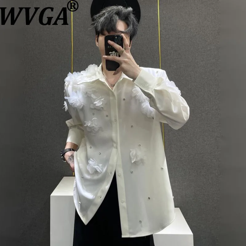 

WVGA Spring Autumn New Men Tide Flower Decoration Trendy Long Sleeve Shirt Niche Chic Casual High-End Padded Shoulder Top W17616