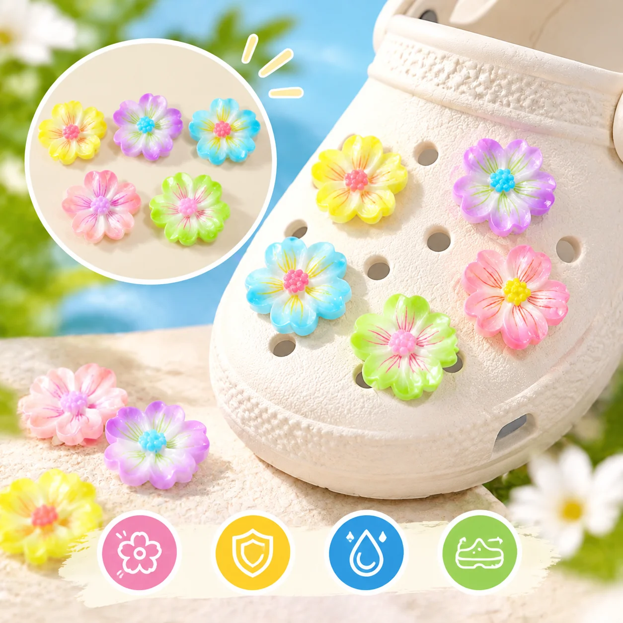 16pcs Mixed 5-Petal Flower Resin Shoe Charms - Colorful Floral Clog Decor for Sandals & Beach Bags