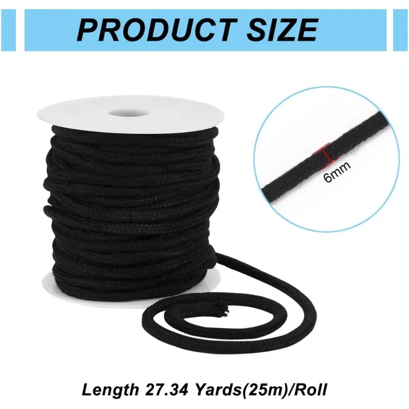 27.34 Yards Black Drawstring Replacement Rope 6mm Polycotton Soft Drawstring Cord Replacement with Plastic Spool for Coats Pants