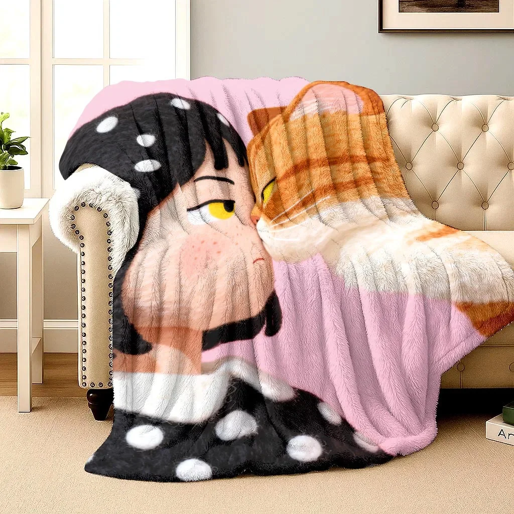 Fluffy Cat Girl Pair Throw Blanket Large Couch Picnic Boho Decor Bed Sheet Gift