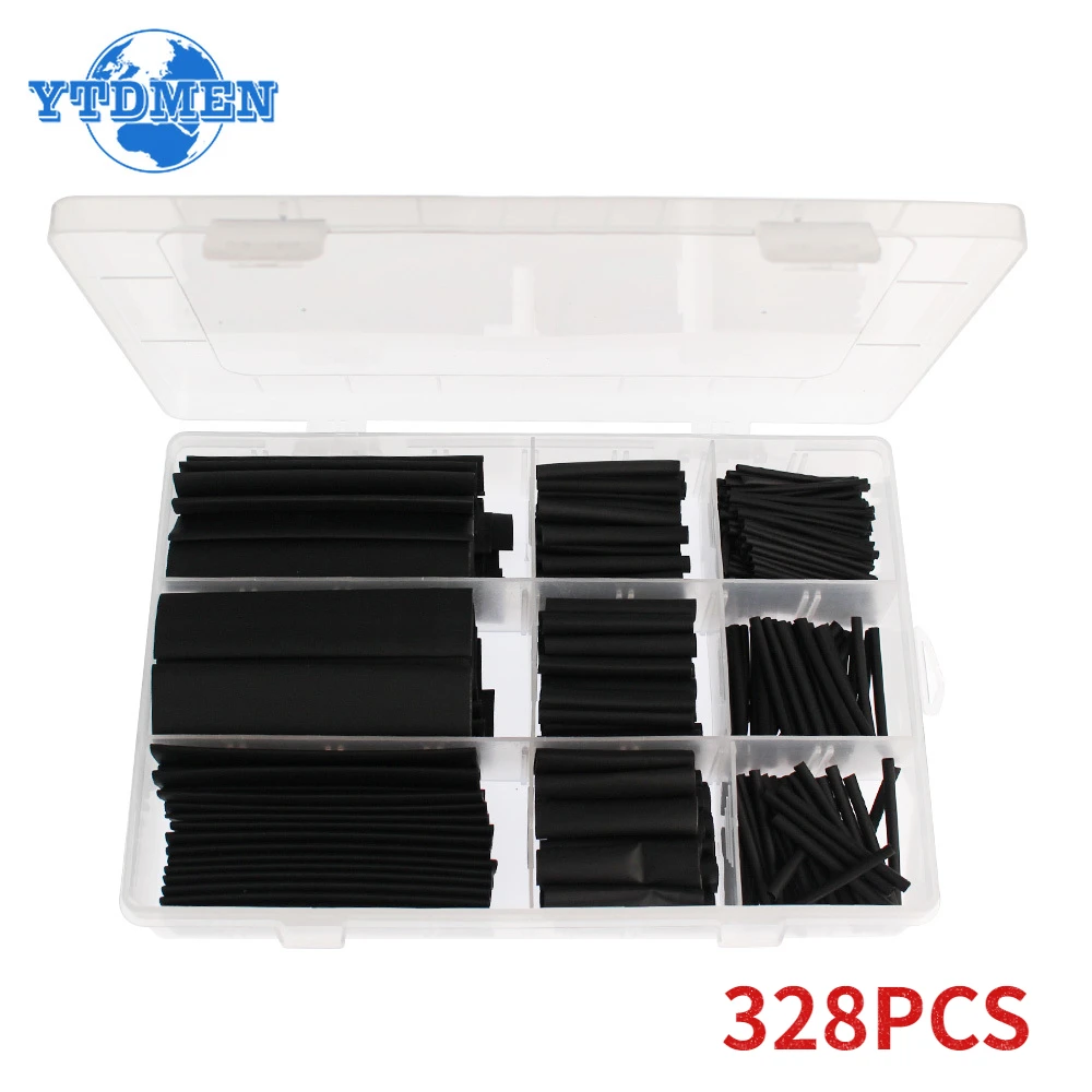 328PCS Heat-shrink Tubing Thermoresistant Tube Black Electrical Wire Sleeve Connection Cable Insulation Sleeving Polyolefin 2:1