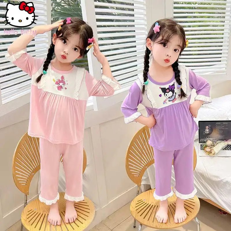 

Kuromi 2Pcs Modal New Pajamas Sanrio Melody Girls Autumn Cartoon Anime Outdoor Home Clothes Child Kawaii Skin Friendly Soft Set