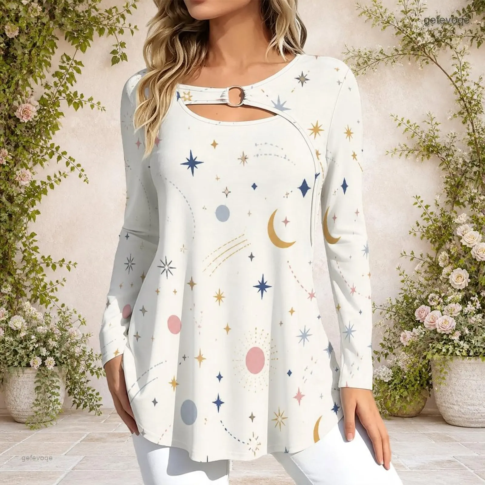 Women Printed Top Keyhole Ring Neck Long Sleeve Flared Hem