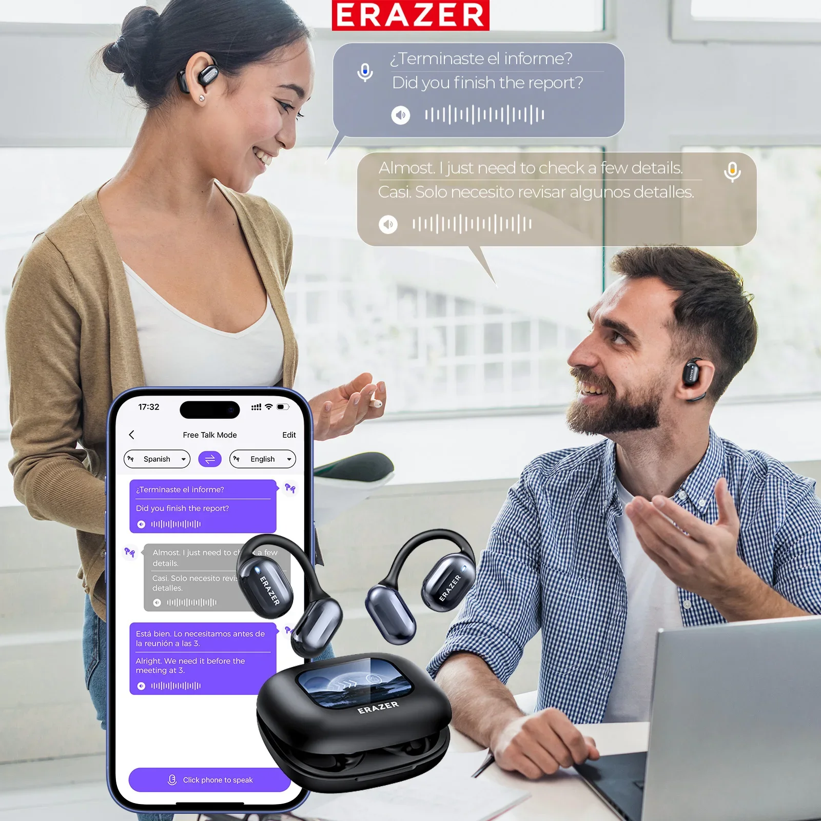 Erazer XP2 AI Translator Earphones Bluetooth 5.4 OWS Sports Wireless Headphones Color Screen Touch Support TF card Waterproof