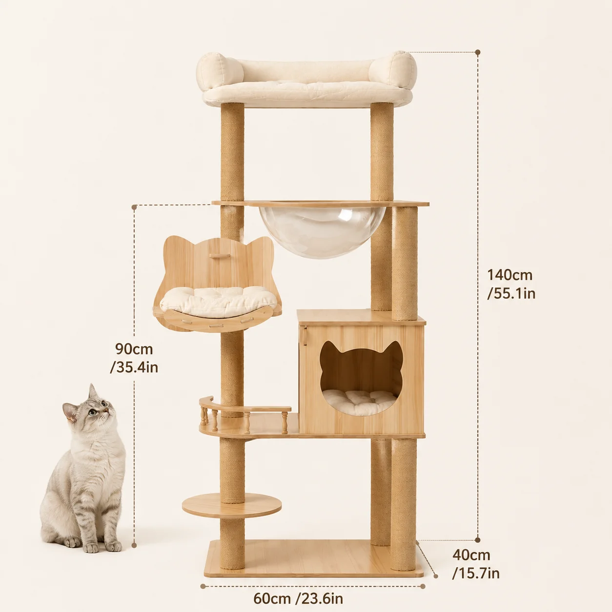 5-Tier 55' Cat Tree with Hammock & Transparent Space Capsule, Wooden Cat Tower with Scratching Posts, Cozy Multi-Level Activity Center for Indoor Cats 140cm