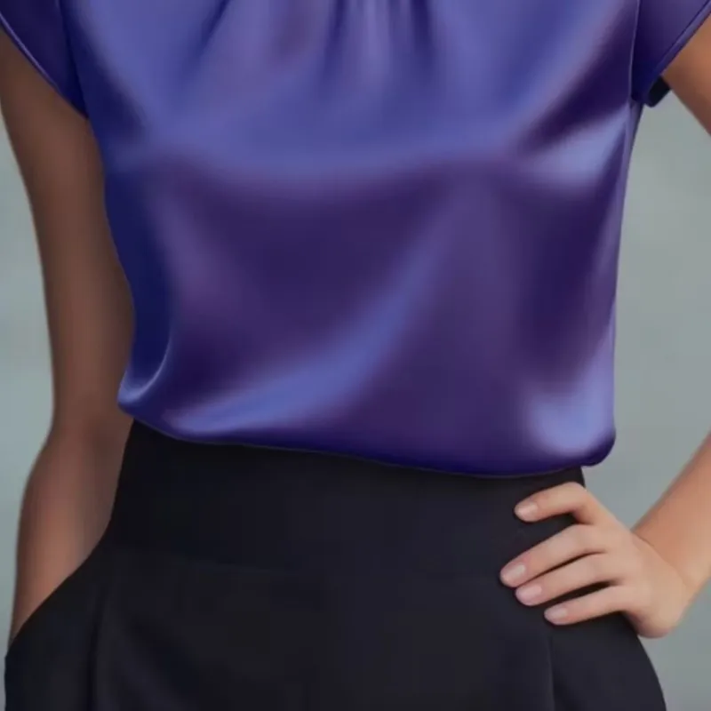 شعبية الملابس النسائية البلوزات الصيف جديد كلوبوير الساتان قصيرة الأكمام أعلى مطوي تصميم الأزياء قميص للنساء قميص بسيط #6