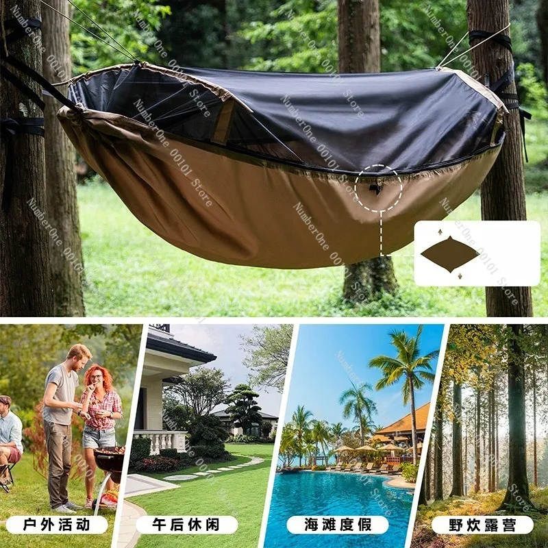 Outdoor Camping Hammock with Mosquito Net Anti Roll Over Double Person Portable Durable Breathable Sleeping Bed for Backyard