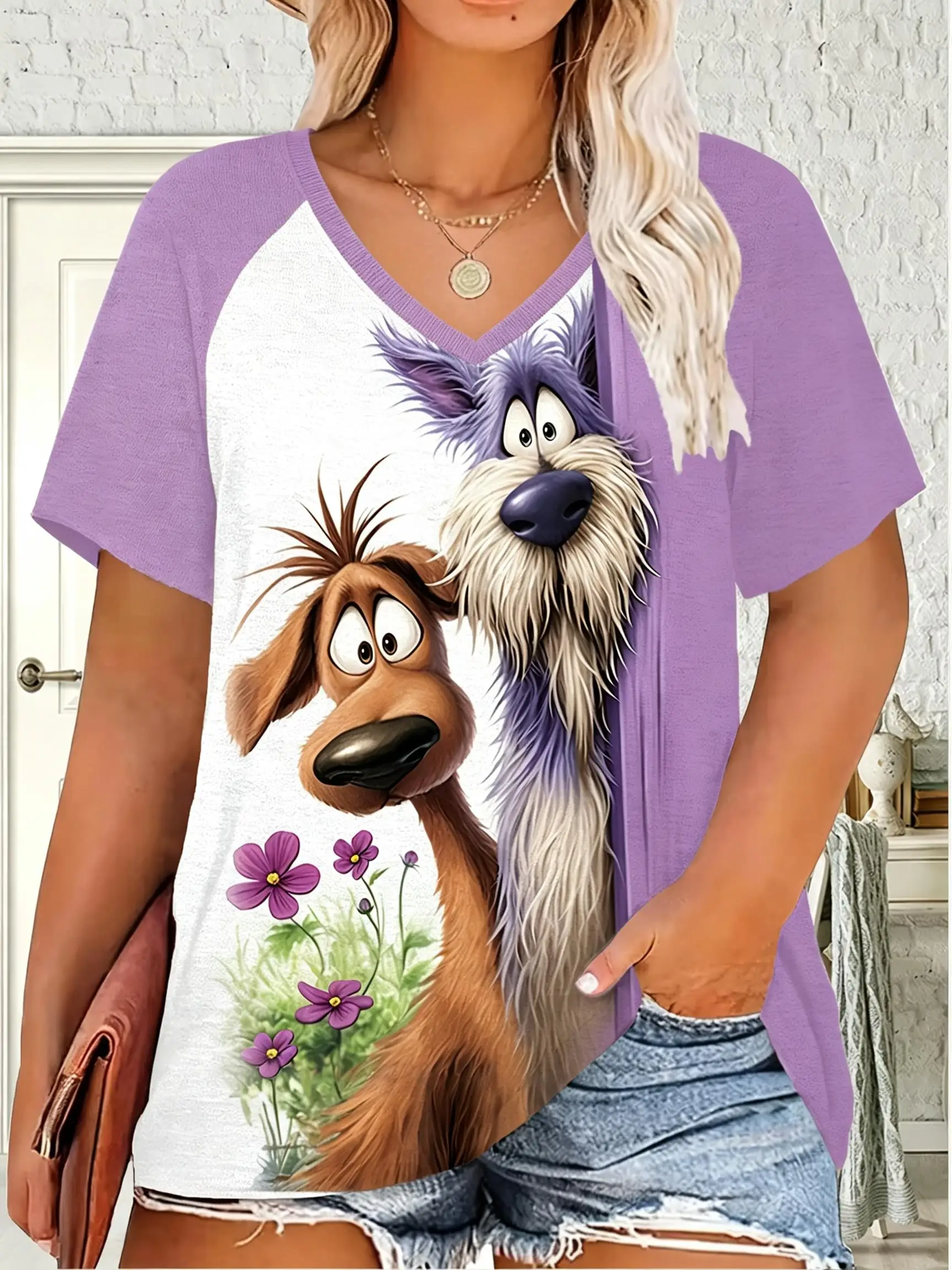 Women V‑Neck Raglan Short Sleeve T‑Shirt Cute Forest Animal Art Print Casual Daily Tee Top