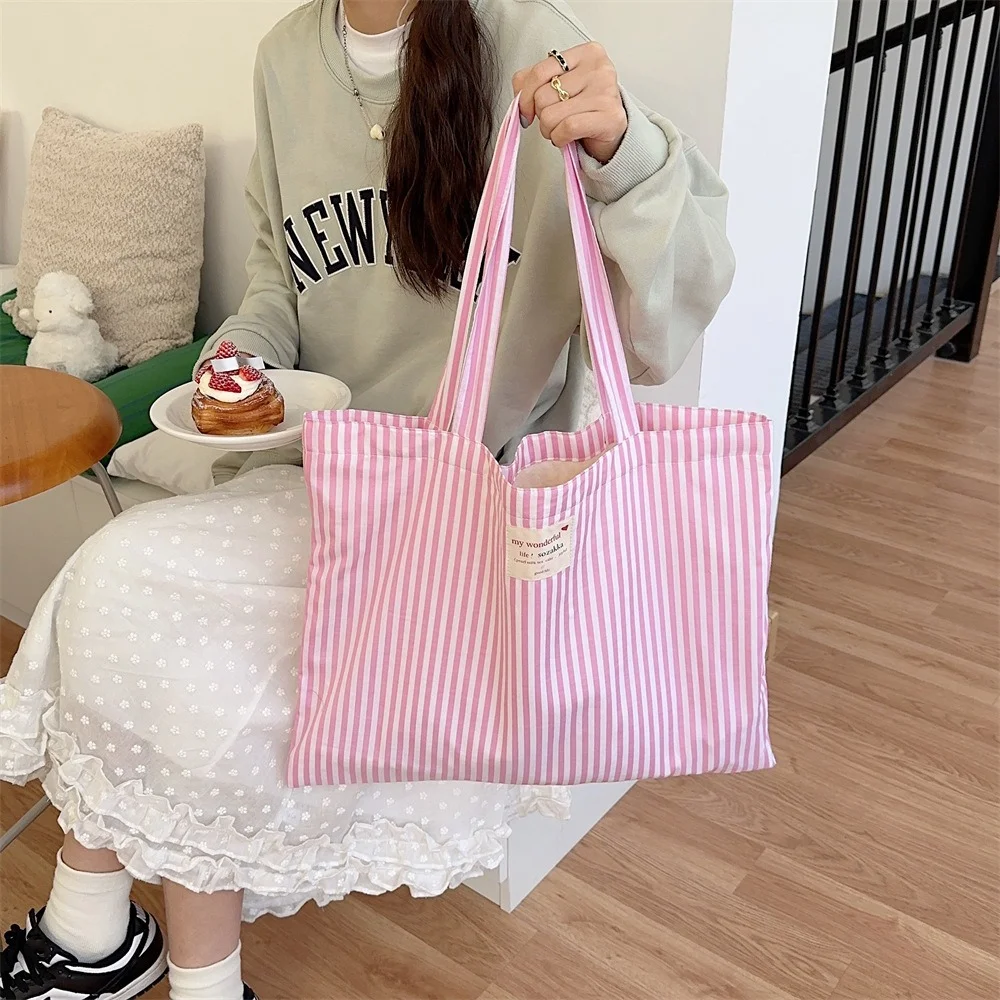 Summer Canvas Shoulder Bag New Large Capacity Casual Tote Bag Striped Handbags Students Book Bag Women Girls