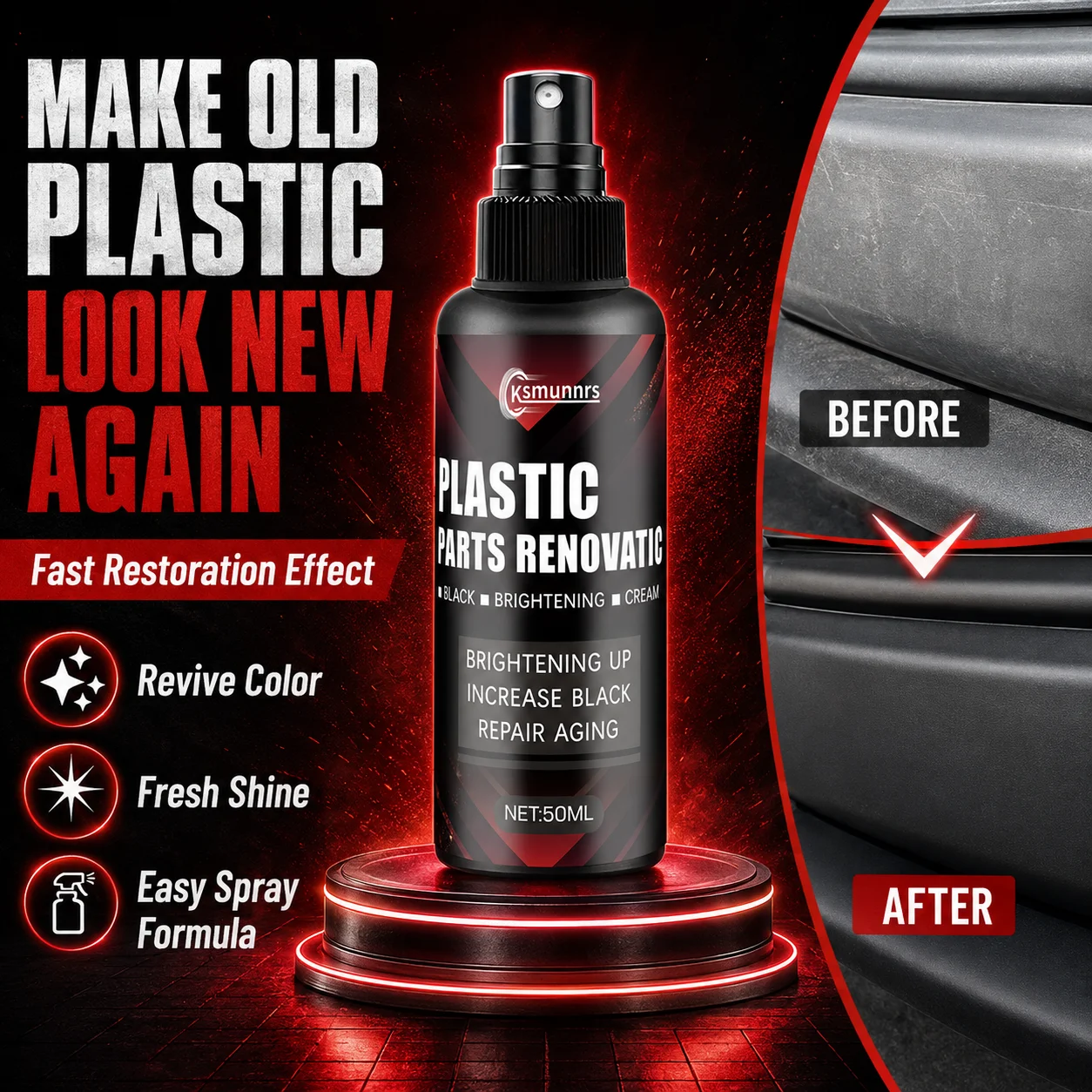 50ml Car Plastic Parts Renovation Coating Spray, Restore Deep Black Finish, Repair Aging Auto Interior Plastic