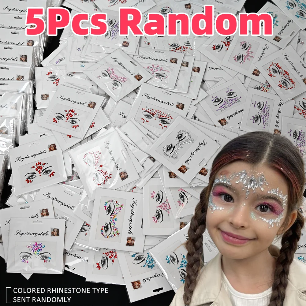 5Pcs 3D Random Face Diamond Tattoos Stickers Colorful Glitter Crystal Gem Sticker for Party Makeup Body Jewel Tattoo Decorations