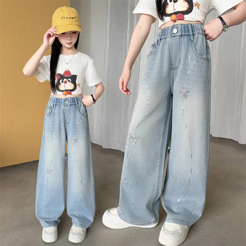 

Summer Teens Girls Wide-Leg Jeans With Hotfix Rhinestone Kids Sequin Butterfly Pants Children's Long Trousers 6 8 10 12 14Years