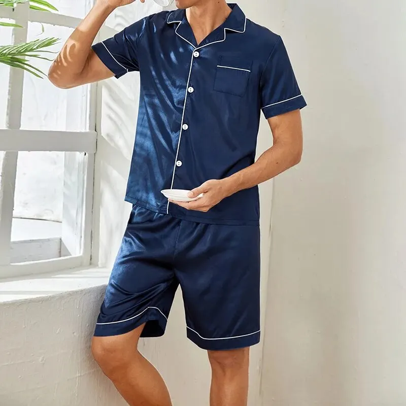 Men satin pajama set summer casual pajama button pocket short sleeved shirt with shorts casual pajama men two piece pajama set