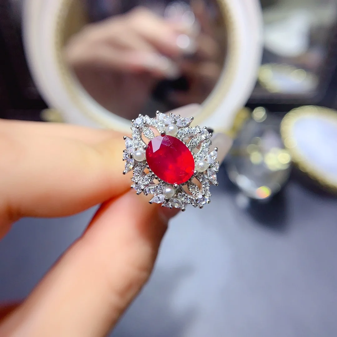 FS 7*9mm Natural Ruby Ring Inlay S925 Sterling Silver Fashion With Certificate Fine Charm Weddings Jewelry for Women MeiBaPJ