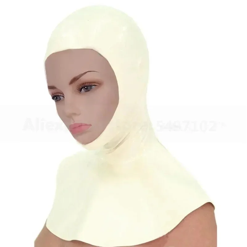 Latex Hood White Long Neck Latex Rubber Hood Dress Face Opened Sexy Uniform Customes Mask with Back Zip