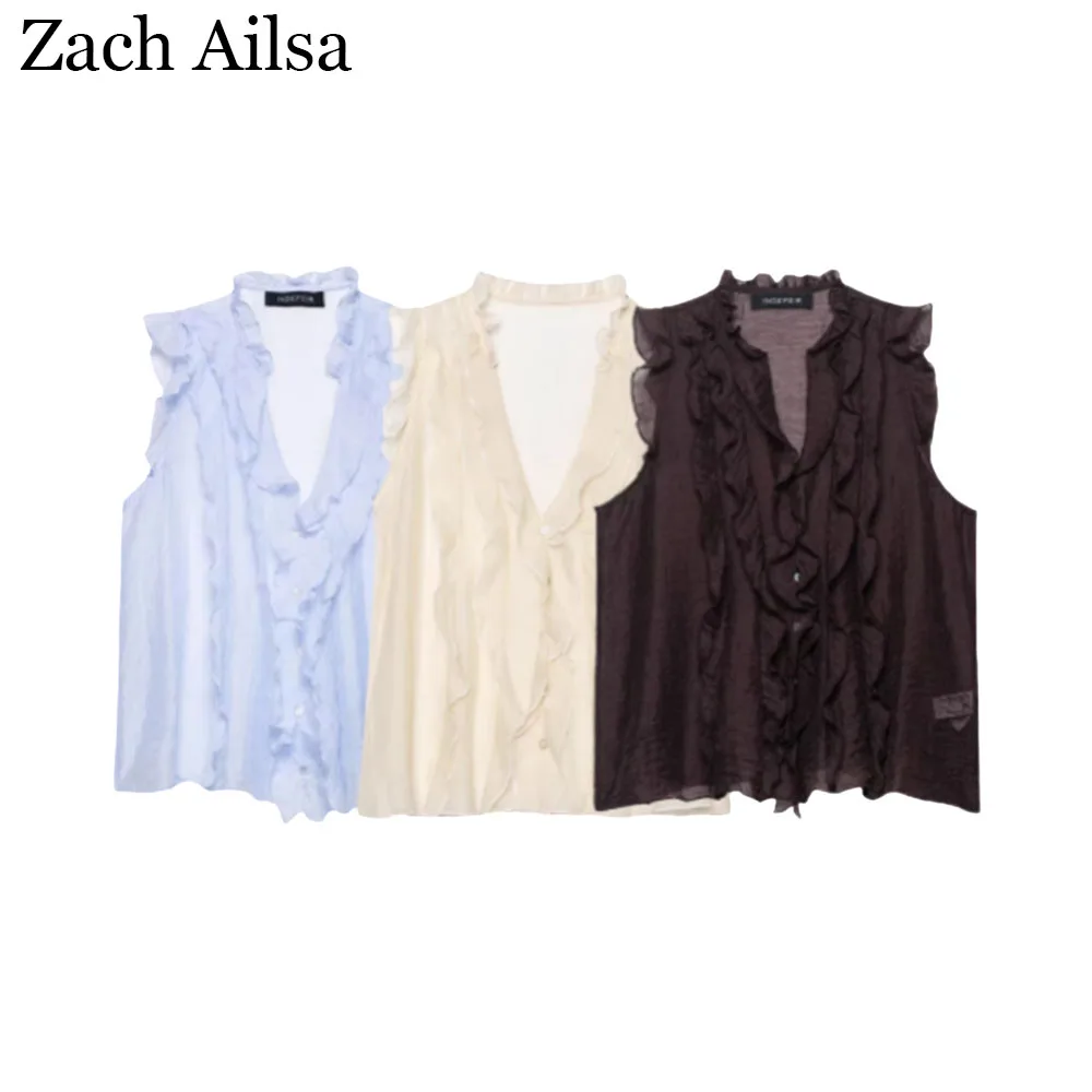 

Summer new women's clothing design sense layered decoration hanging sleeveless V-neck top