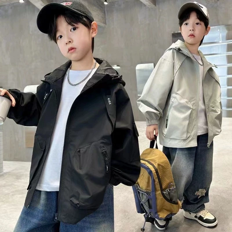 Boys Fashion Letters Hooded Windbreaker Spring Autumn Casual Outdoor Sports Cargo Jacket 5-14 Years Kids Zipper Outerwear