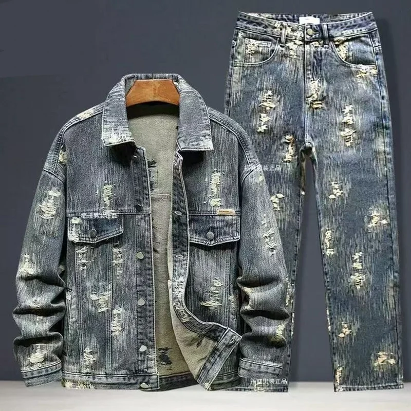 Primavera otoño nuevo conjunto de abrigos de mezclilla americanos pantalones vaqueros de vaquero retro clásicos conjuntos de dos piezas de moda prendas de vestir exteriores versátiles chaqueta Casual