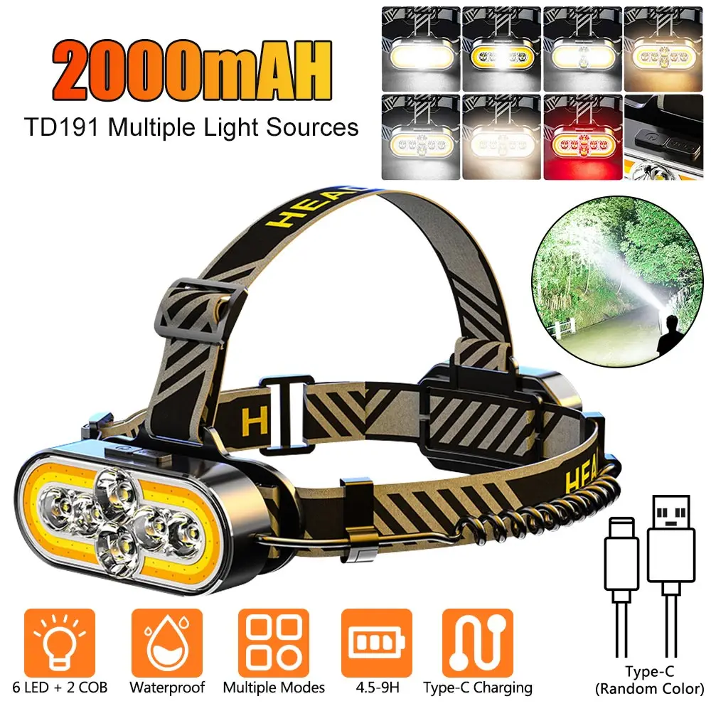 LED Headlamp with 7Modes 2000mAh Rechargeable Waterproof Red/Blue COB Lights Outdoor Strong Light Headlight Head Light Flashligh