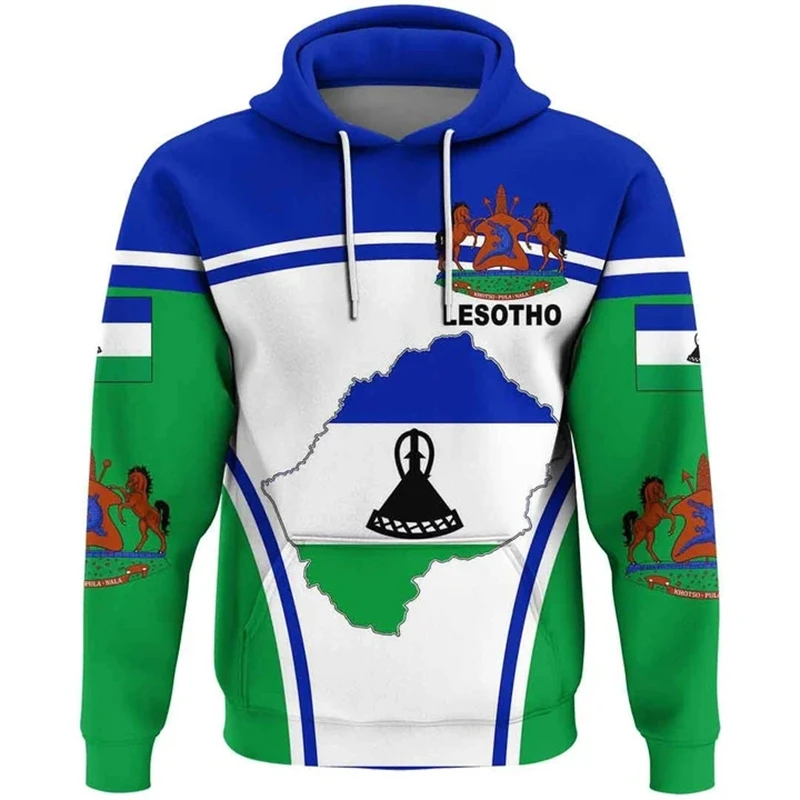 Lesotho Map Flag Graphic Sweatshirts National Emblem Hoodies For Men Clothes Casual Boy Streetwear Africa Country Hoody Jersey