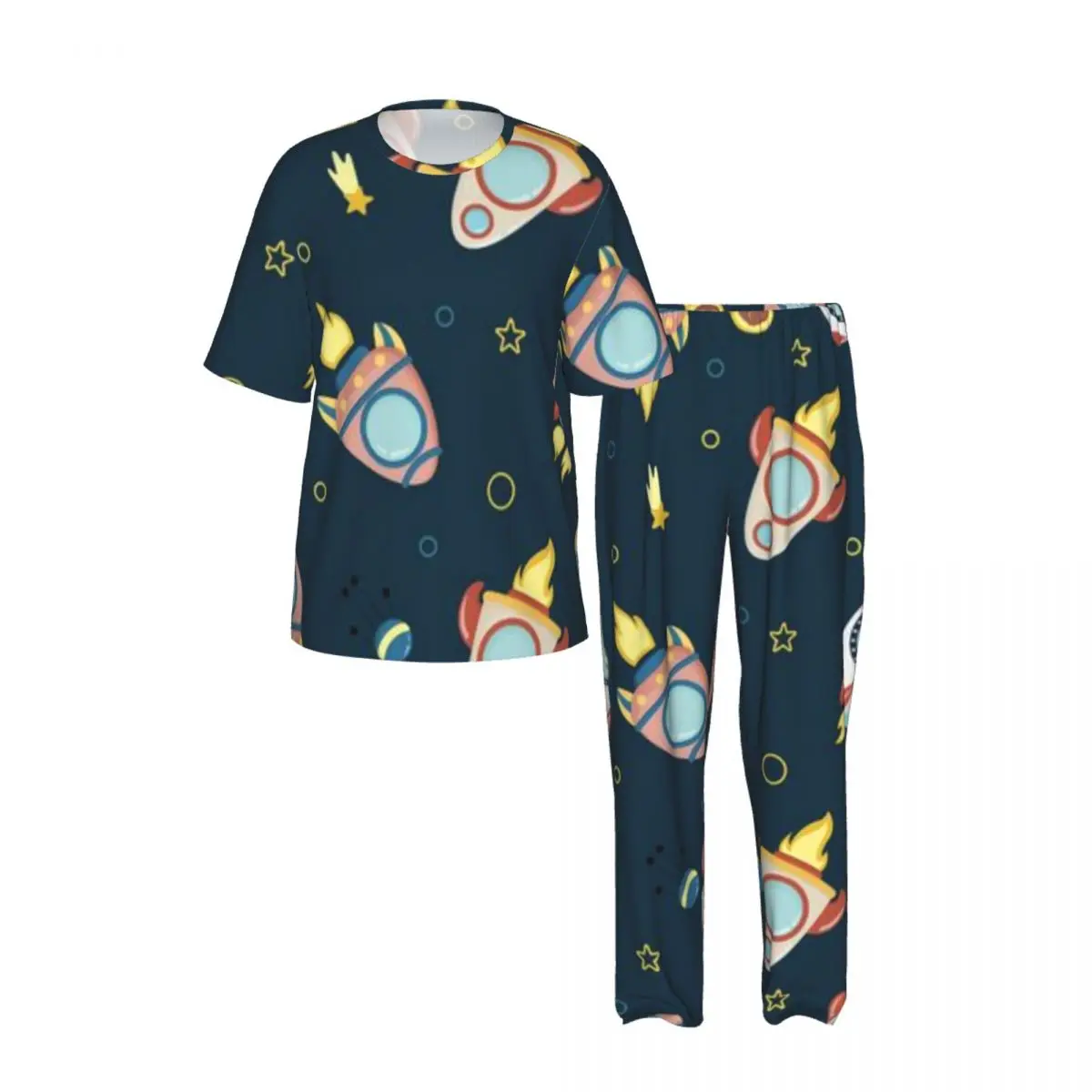 Men's short-sleeved pajamas two-piece trousers Cute Rockets And Planets home wear suit sleepwear