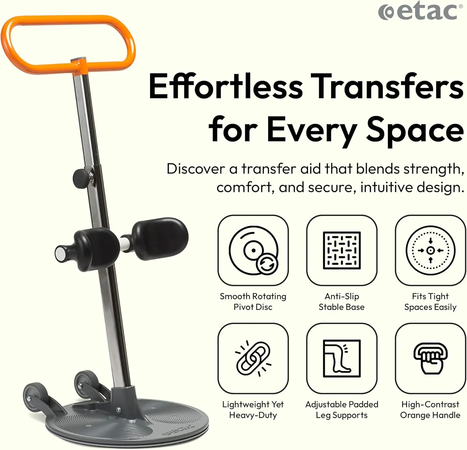أداة مساعدة نقل المريض من Etac Turner PRO - الجلوس على الوقوف لكبار السن الذين يعانون من حمولة عمل آمنة عالية (440 رطلًا) - رفع المريض والمو