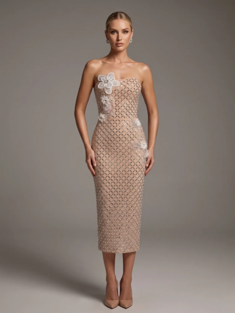 Sexy Strapless Luxury Diamonds Floral Sequined Midi Dress Women Apricot Sleeveless Backless Crystal Dresses Evening Party Gowns