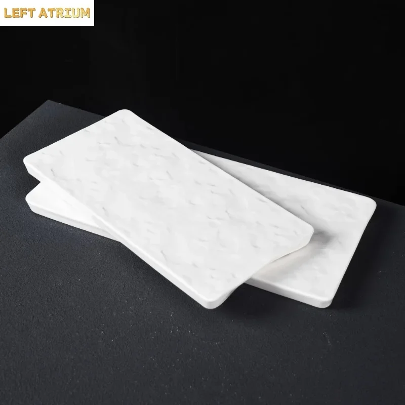 White Rectangular Stone-patterned Shallow Plates, Fruit Dessert Plates, Ceramic Steak Plates, Household Tableware and Utensils