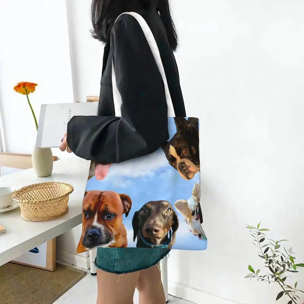 Funny Drawing Of Dogs Cats Tote Bags Women Handbag Foldable Student Shoulder Bag Reusable Shopping Bag