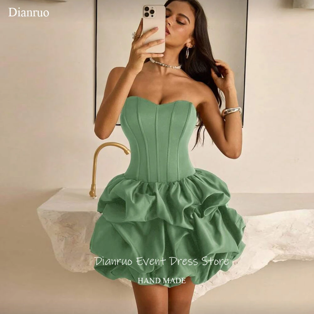 Dianruo Sage Green Puffy Homecoming Dresses Tiered Ruffled Satin Party Gowns Sleeveless Mini Length Cocktail Dresses Customized