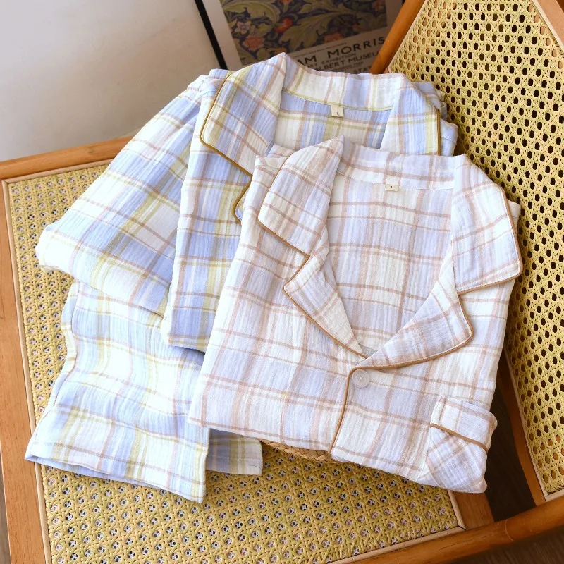 

Men's Double Gauze Pajama Set Pure Cotton Soft Breathable All Season Plaid Sleepwear Classic Loungewear with Piping Pockets