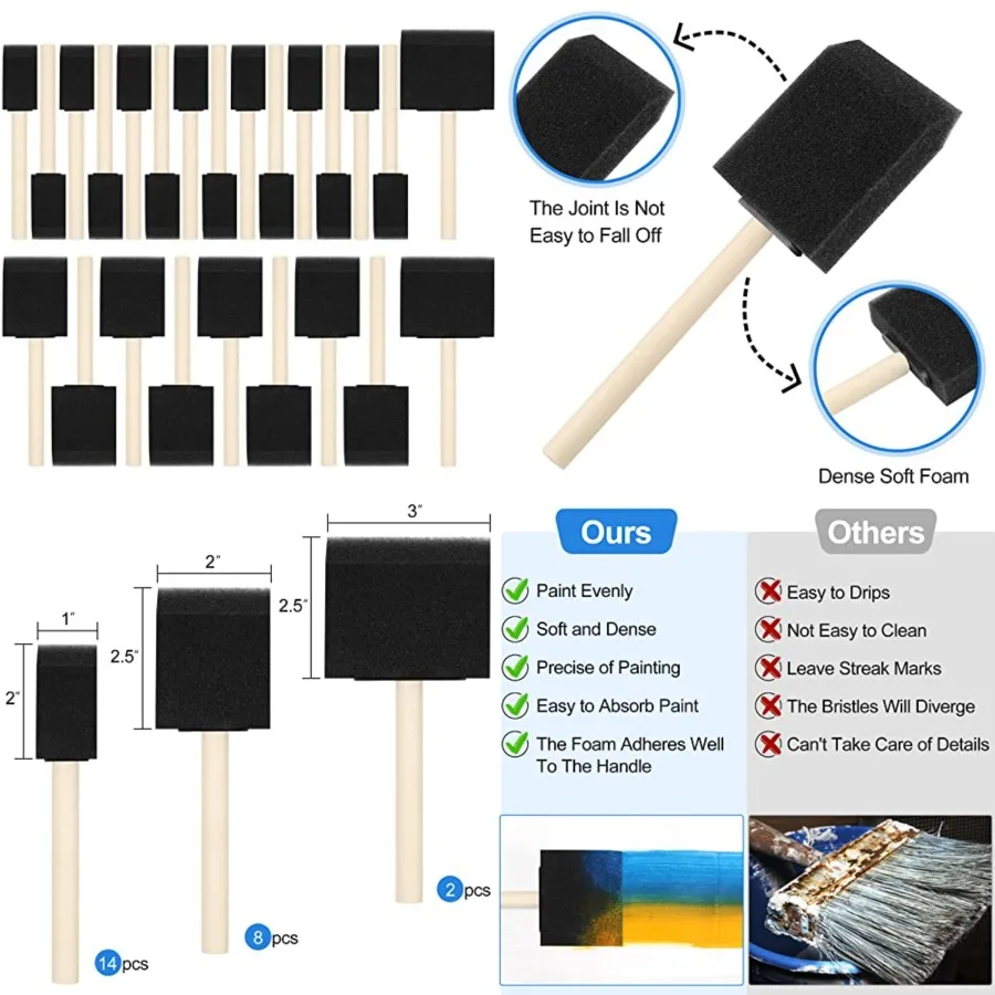 

Foam Paint Brushes, Wood Handle Sponge Brushes for Painting, Staining, Varnishes, and DIY Craft Projects 1'', 2'' and 3