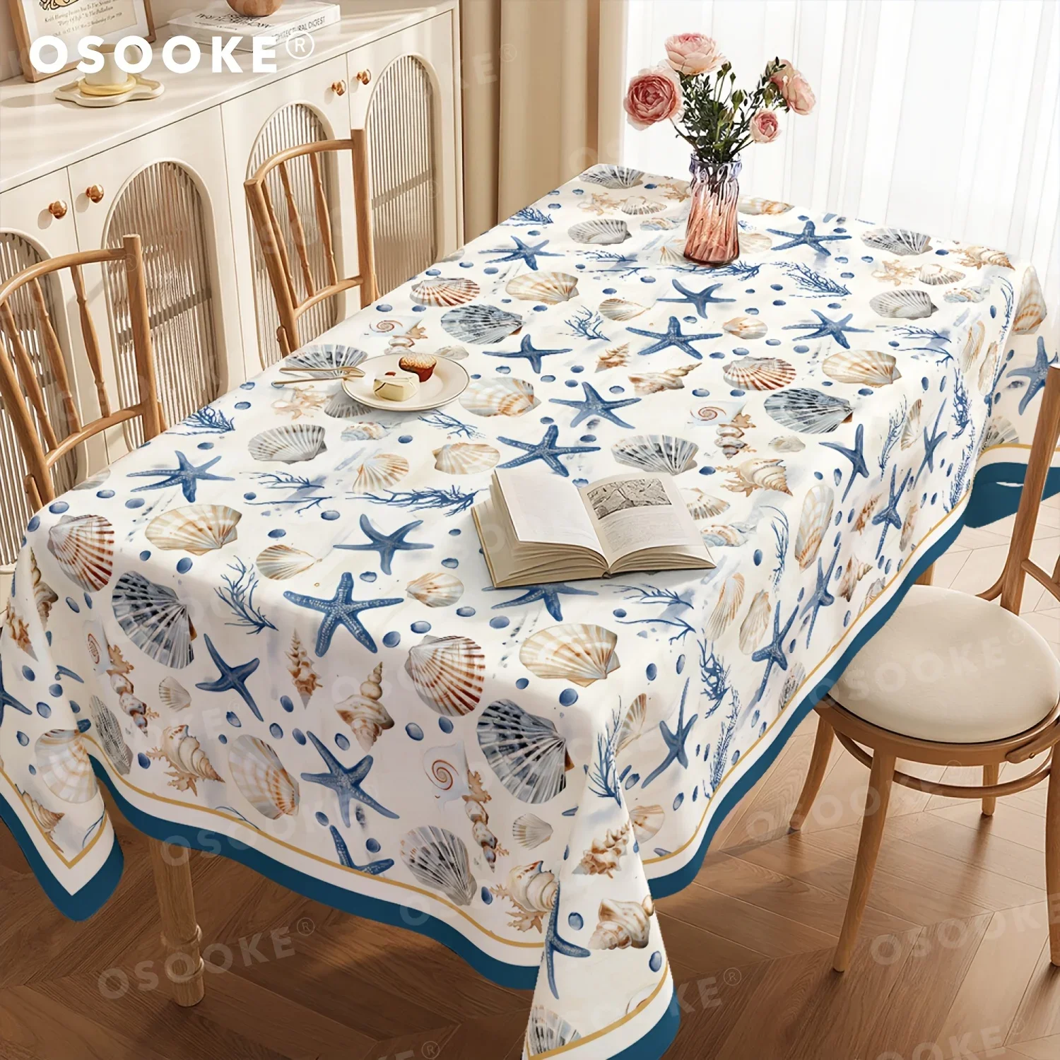 1 piece of coastal marine polyester tablecloth - full-color print of blue starfish, shells and coral, yzb
