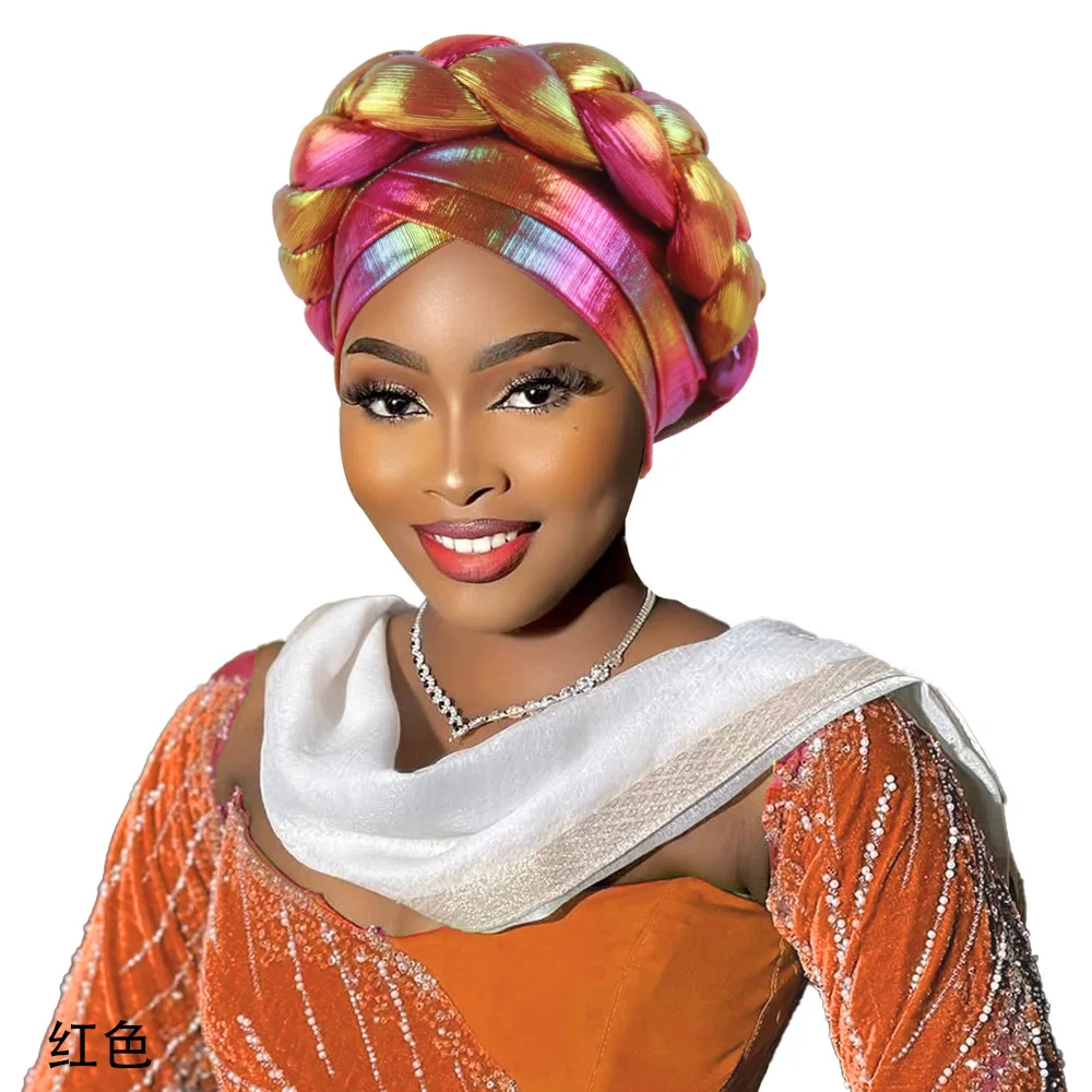 

Shiny Braids Turban Cap for Women African Auto Gele Headtie Nigeria Wedding Party Geles Muslim Hijab Bonnet Head Wrap Headgear