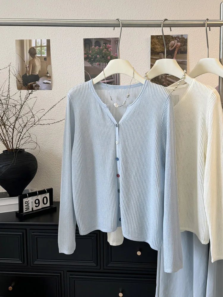 

Korean Style Hollow Out Knit Cardigans Women Summer New Chic Colorful Buttons V-Neck Sunscreen Coats Gentle Thin Female Tops