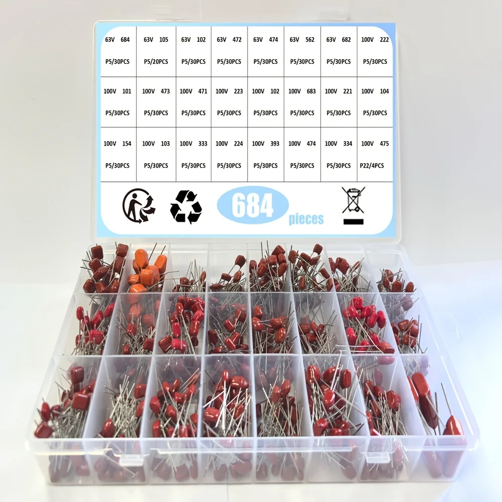 684Pcs/Lot 63V-100V 24 Value 0.001UF~2.2UF CBB Metal Film Capacitors Assortment Kit