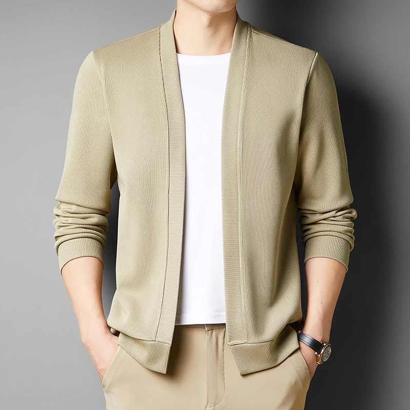 

Spring Autumn Fake Two-Piece Cardigans O-Neck Long Sleeve Business Casual Knit Outwear Male Solid Slim Fit Breathable Knitwear