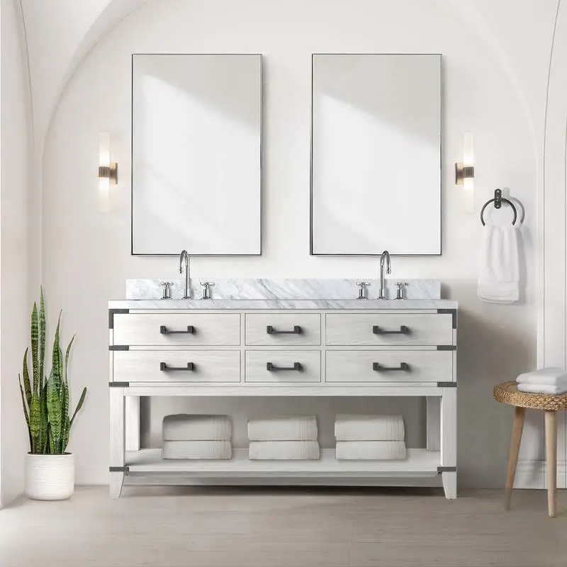 

60” White Oak Double Bath Vanity, 2 Sink, 22” D, Elegant Design for Modern Bathrooms
