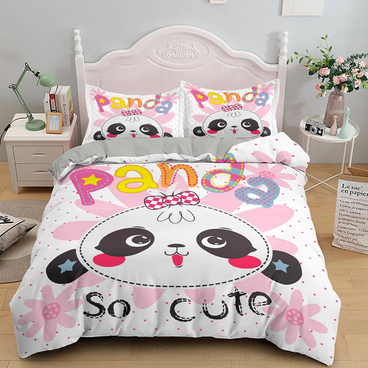 

Pink Cartoon All Kinds of Animals Duvet Cover Kawaii Panda Pattern Kids Girls Wildlife Polyester Quilt Cover Bedroom Decoration