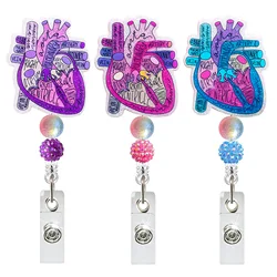 Sparkling Pink Acrylic Heart Letter Bead Retractable ID Holder Rotating Crocodile Clip Medical Badge Holder Key Chain Gifts